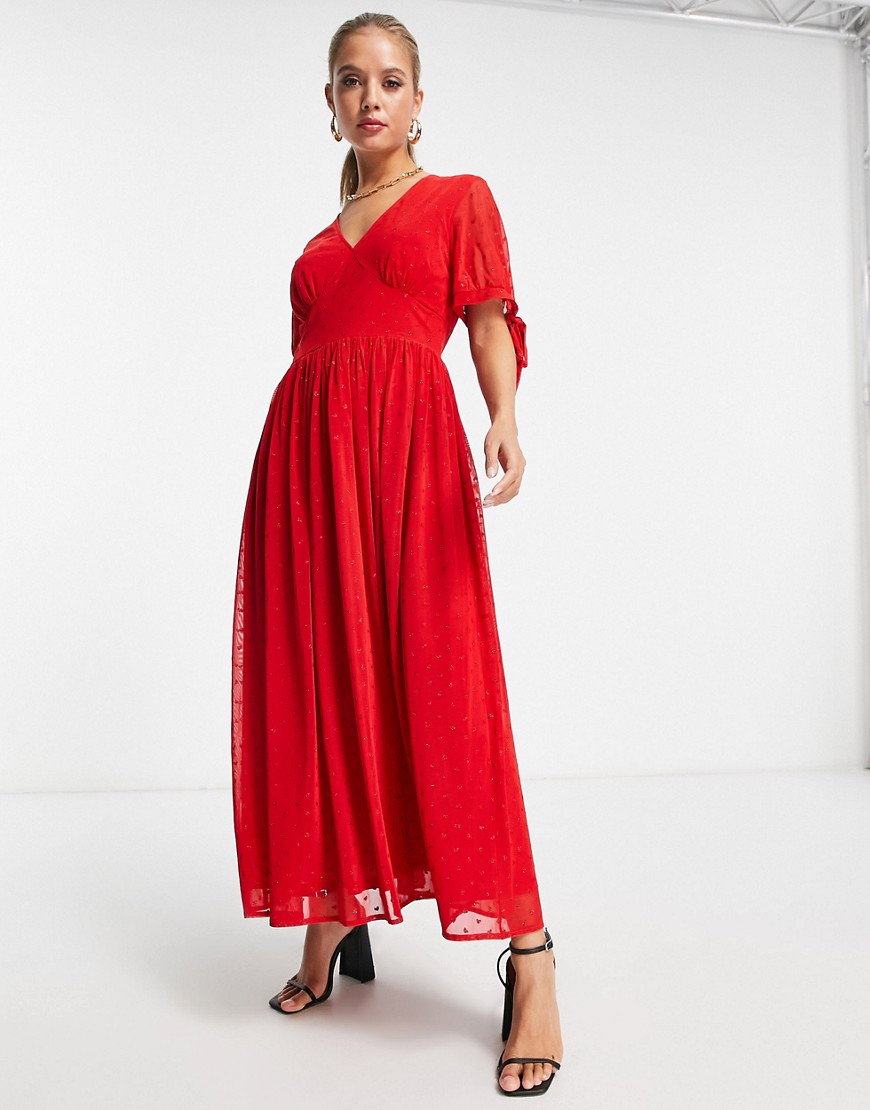 Never Fully Dressed Tie Sleeve Glitter Heart Maxi Dress In Red