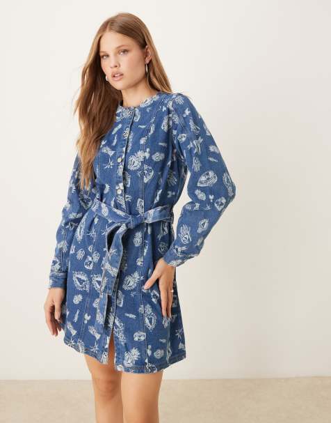 Never Fully Dressed tie waist denim mini dress in blue motif print - view 1