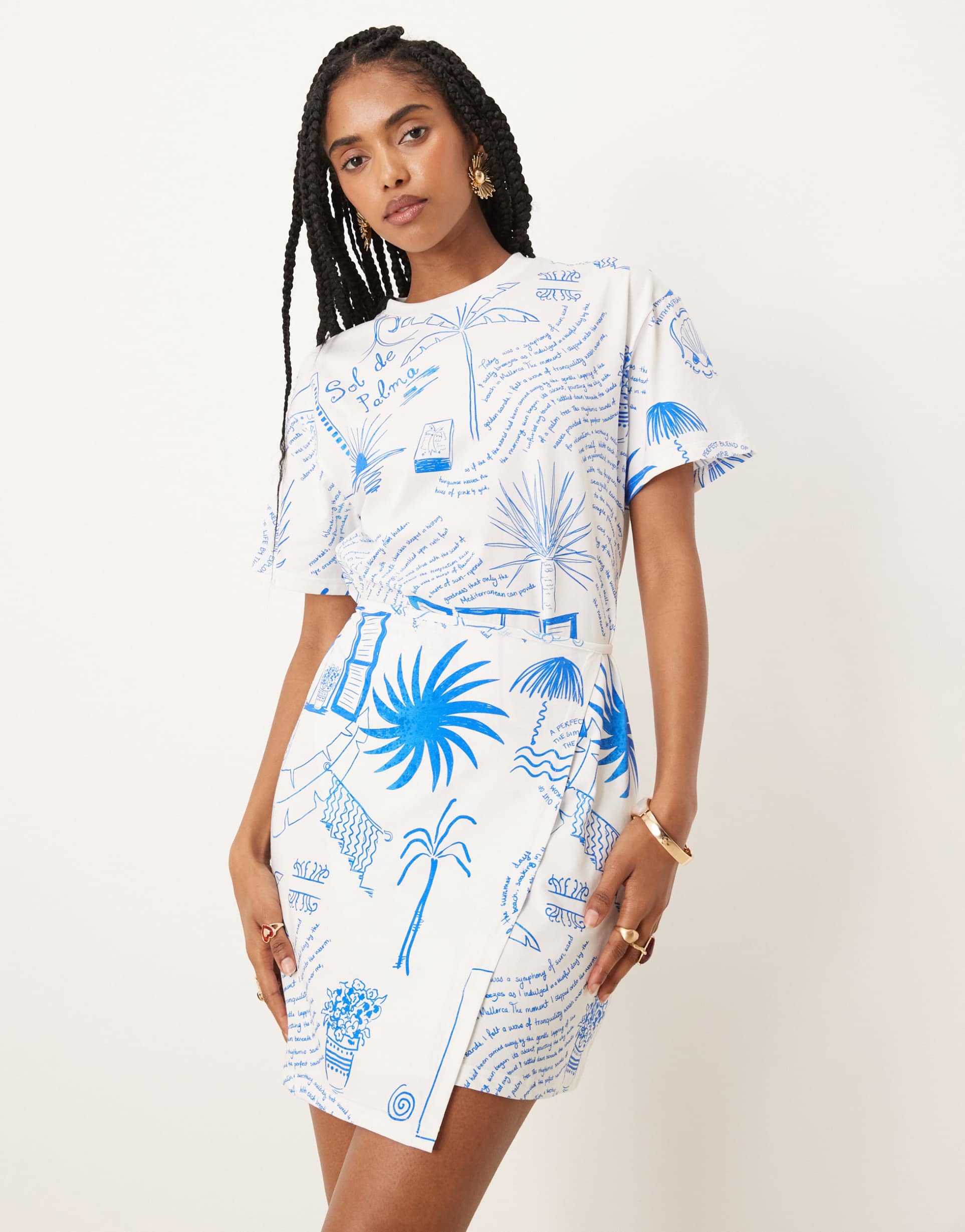 never fully dressed tie waist palm print mini dress in cream