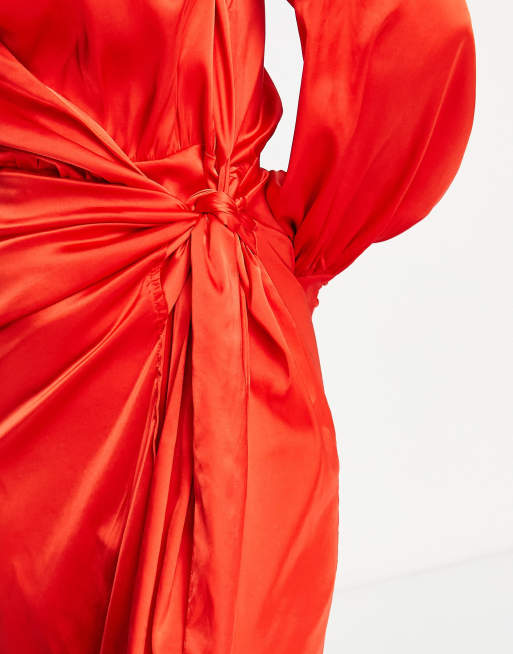 Never Fully Dressed tie waist satin midi dress in red | ASOS