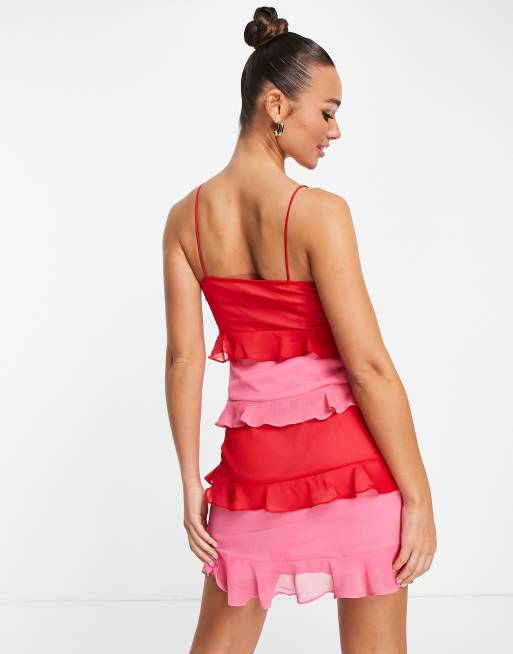 Never Fully Dressed tiered contrast mini dress in red and pink | ASOS