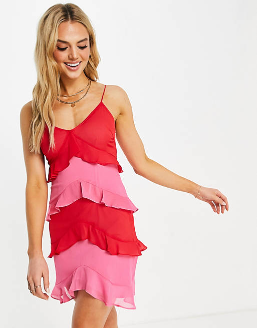 Never Fully Dressed tiered frill mini dress in pink and red contrast