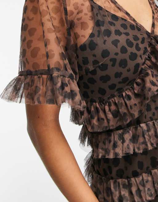 Never Fully Dressed tiered mesh mini dress in leopard