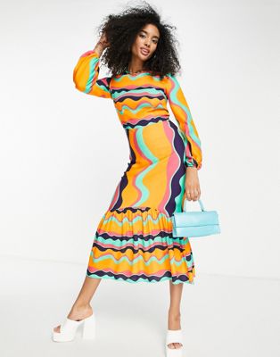 Never Fully Dressed tiered midi dress in orange wave print