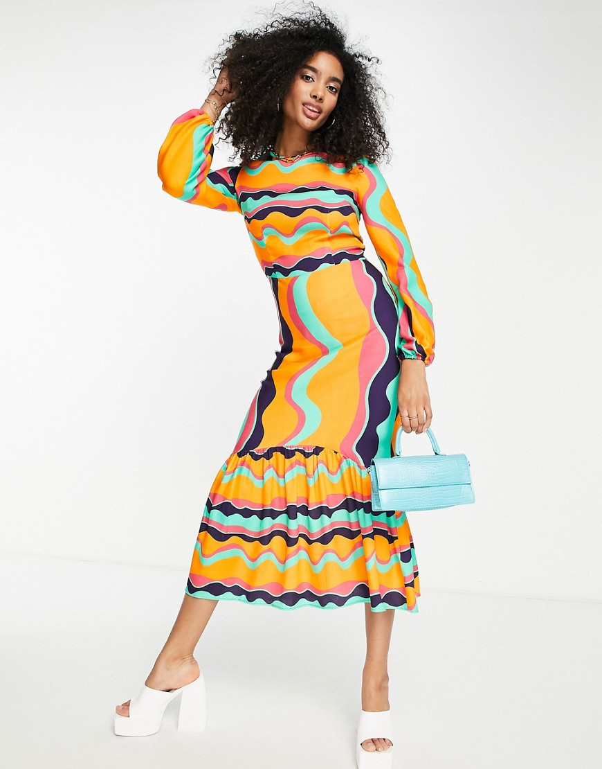 Never Fully Dressed tiered midi dress in orange wave print
