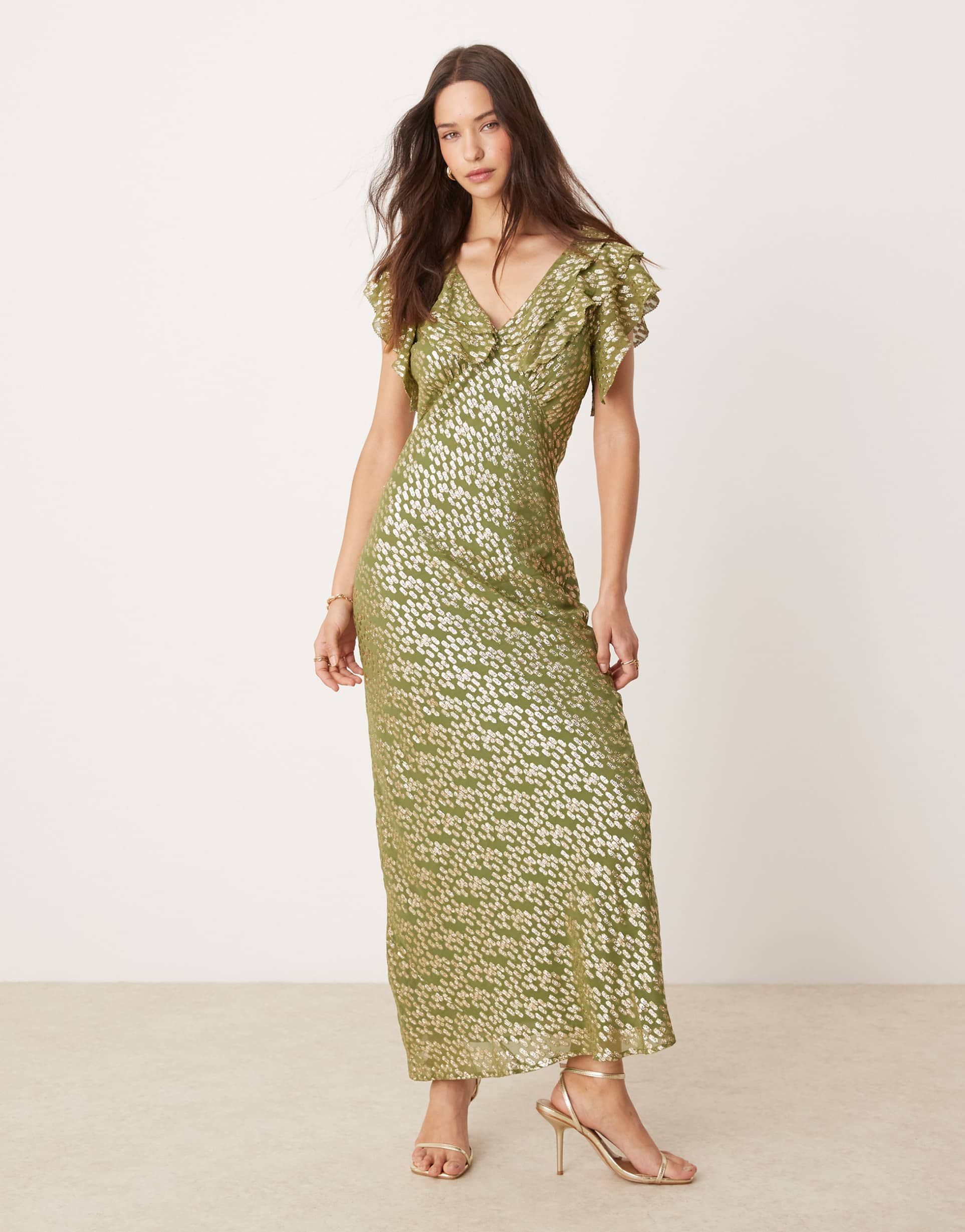 never fully dressed tilda metallic ruffle maxi dress in olive jacquard