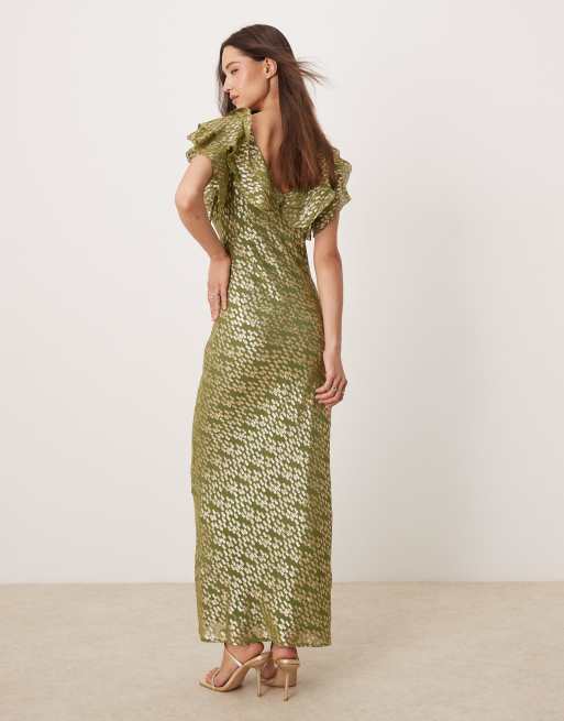 Never Fully Dressed Tilda metallic ruffle maxi dress in olive