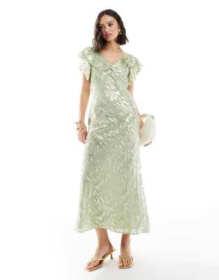 Tilda metallic ruffle maxi dress in sage-Green