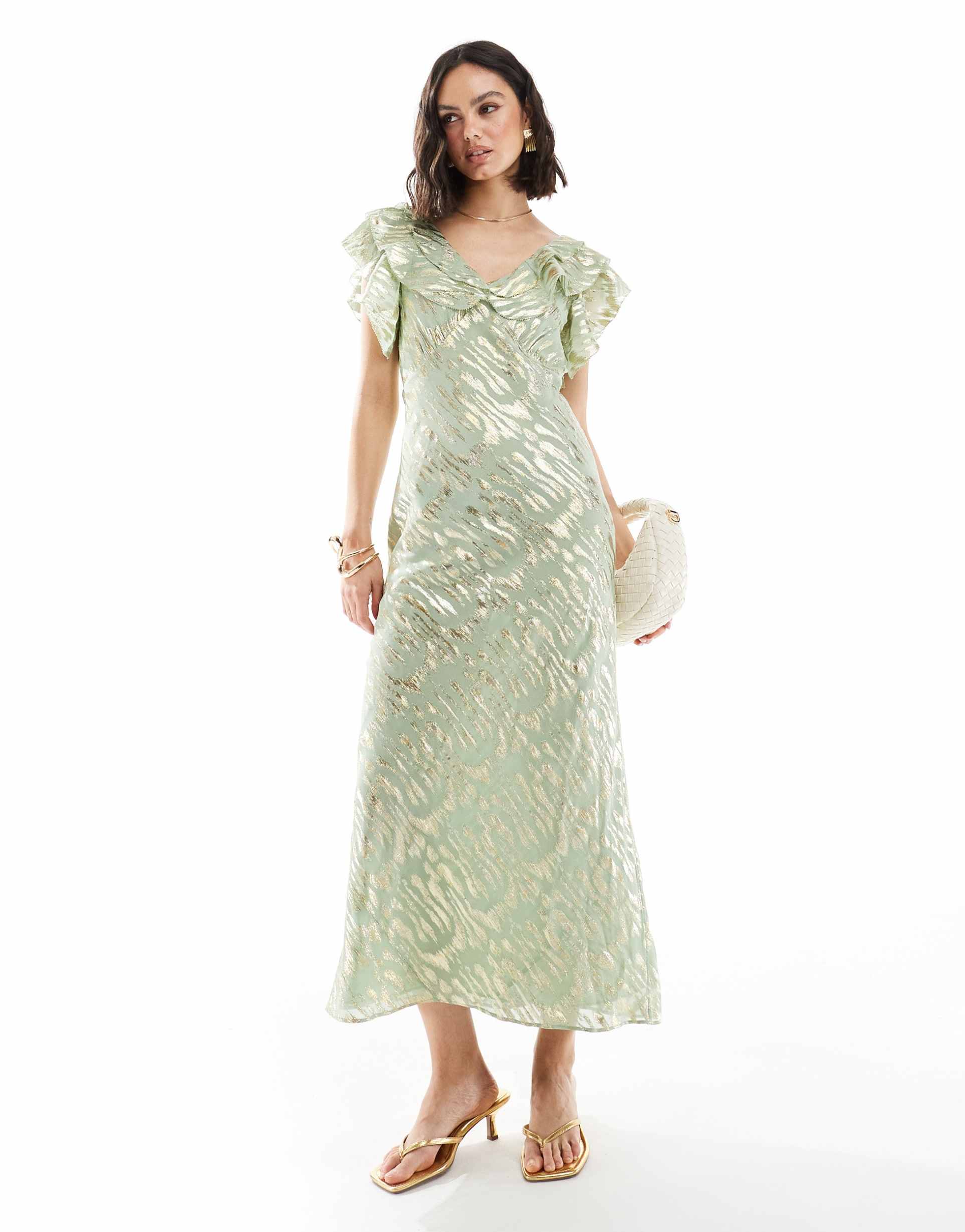 never fully dressed tilda metallic ruffle maxi dress in sage