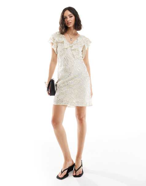 Never Fully Dressed Tilda metallic ruffle mini dress in cream - view 1