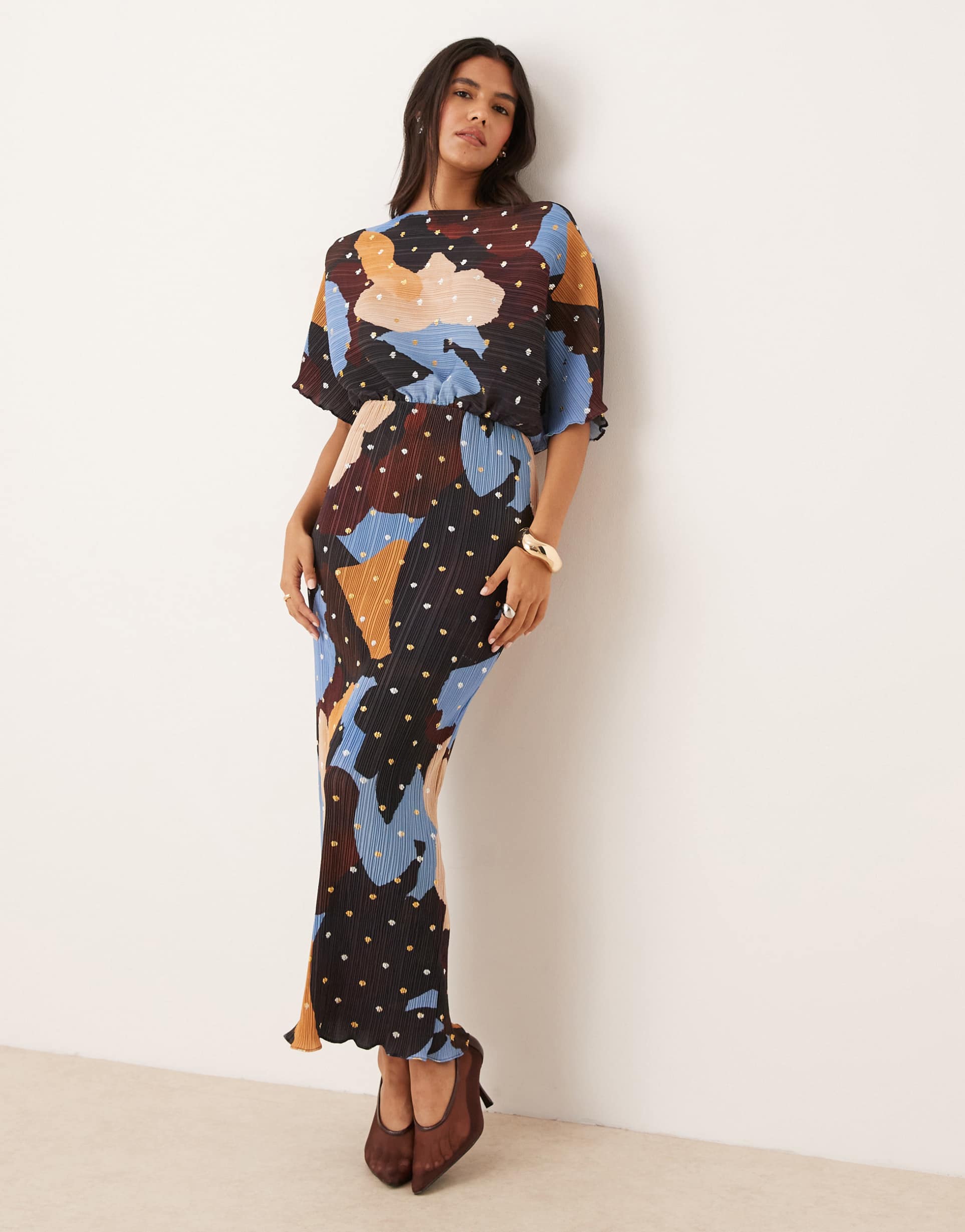 never fully dressed tilly asymmetric gold foil plisse maxi dress in autumnal abstract print