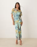 [Never Fully Dressed] Never Fully Dressed Tilly asymmetric mesh maxi dress in blue palm print 18 Blue