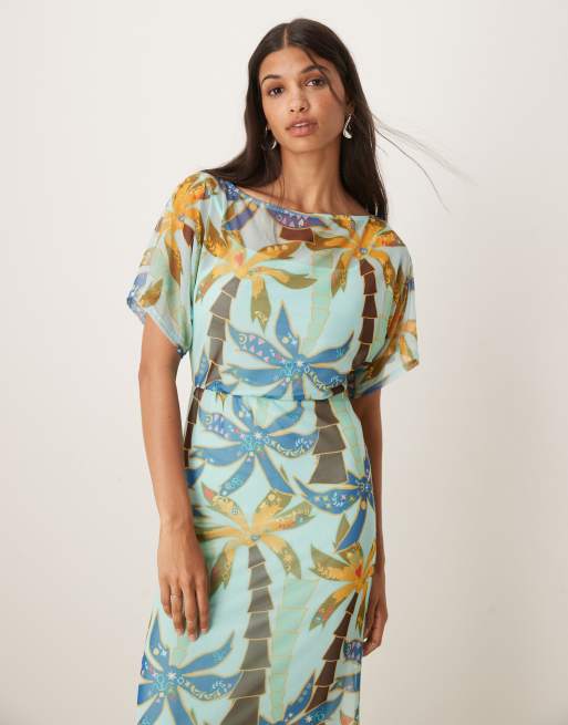 Never Fully Dressed Tilly asymmetric mesh maxi dress in blue palm print, 3 of 4