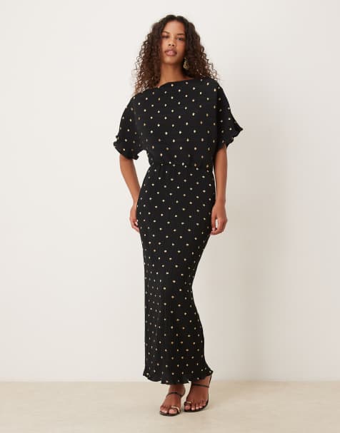 Never Fully Dressed Tilly off shoulder plisse maxi dress in black and gold