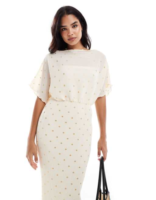 Never Fully Dressed Tilly gold fleck plisse midaxi dress in ivory | ASOS