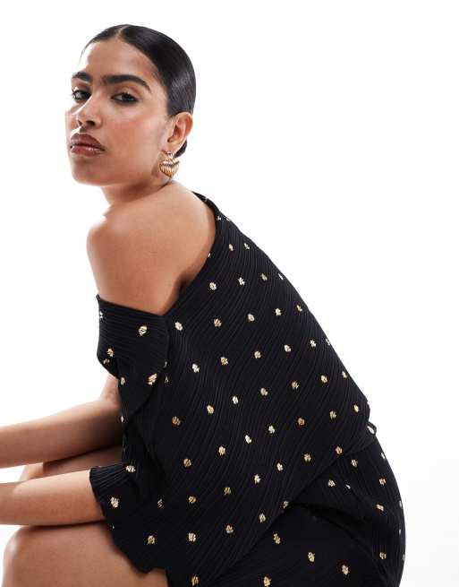 Never Fully Dressed Tilly gold fleck plisse mini dress in black | ASOS
