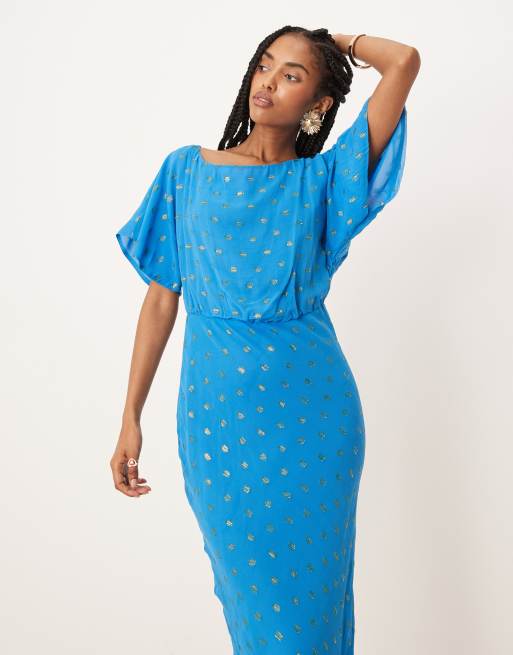 Never Fully Dressed Tilly metallic plisse maxi dress in blue | ASOS
