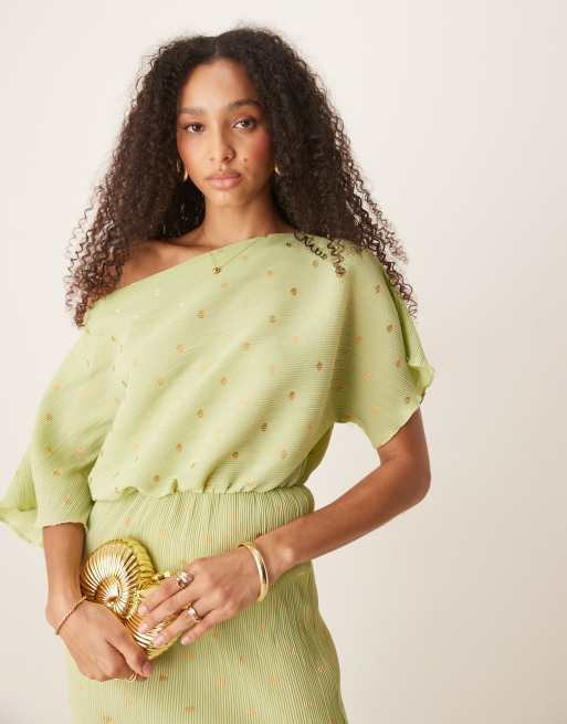 Never Fully Dressed Tilly metallic plisse maxi dress in pistachio