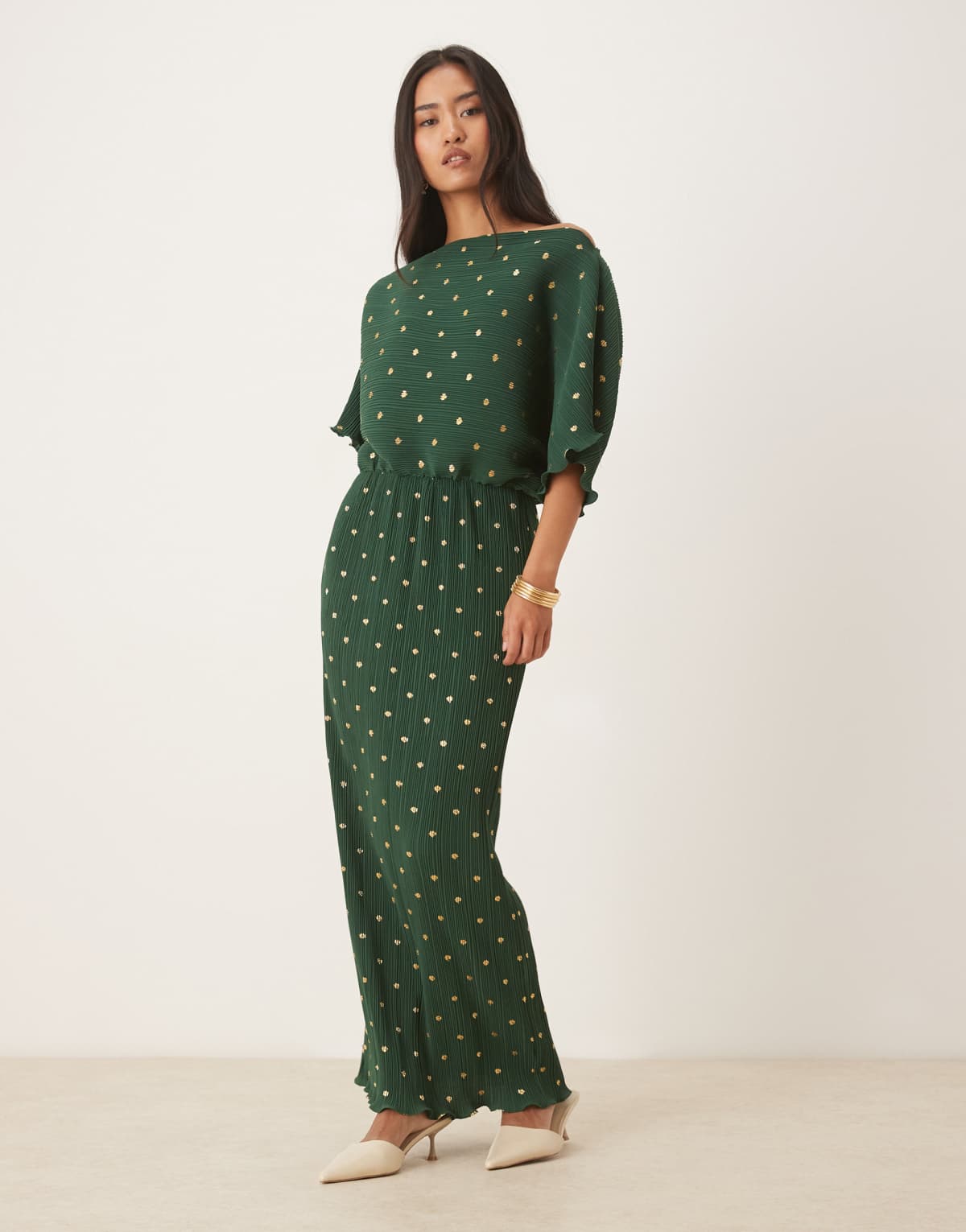 Never Fully Dressed Tilly metallic plisse off shoulder maxi dress in bottle green