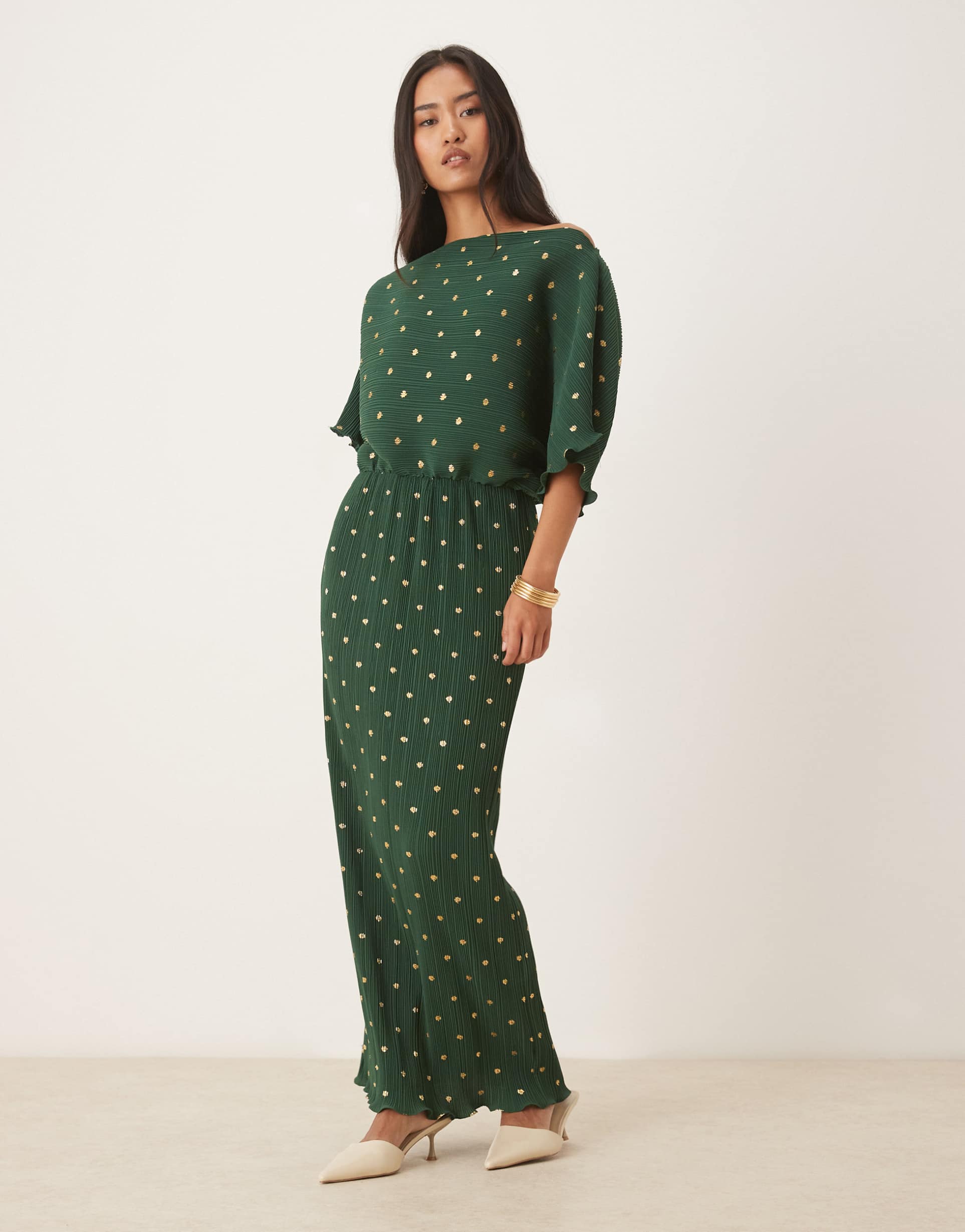 never fully dressed tilly metallic plisse off shoulder maxi dress in bottle green