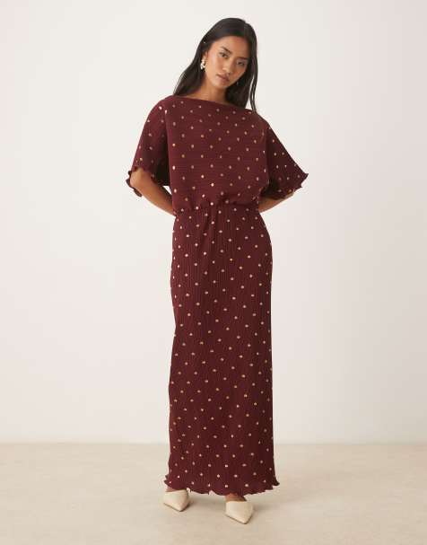 Never Fully Dressed Tilly metallic plisse off shoulder maxi dress in burgundy - view 1