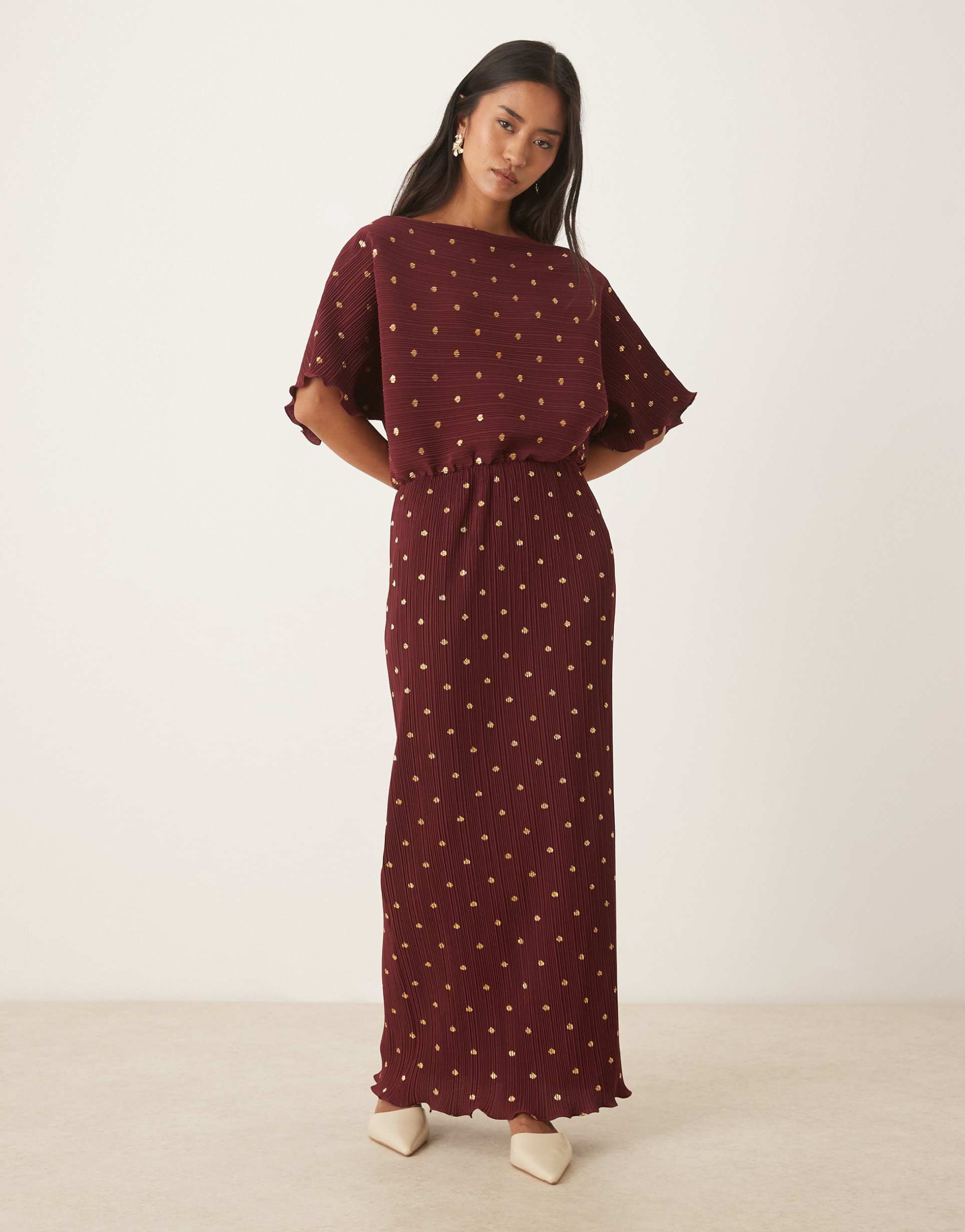 never fully dressed tilly metallic plisse off the shoulder maxi dress in burgundy