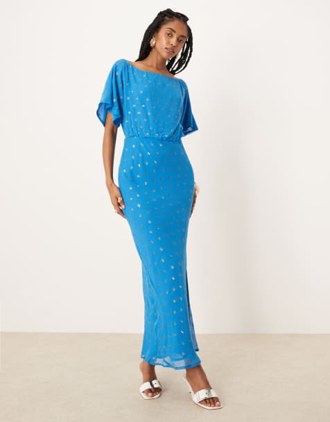 Never Fully Dressed – Tilly – Niebieska metaliczna sukienka plisowana maxi - view 1