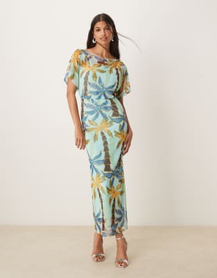 Tilly off asymmetric mesh maxi dress in blue palm print