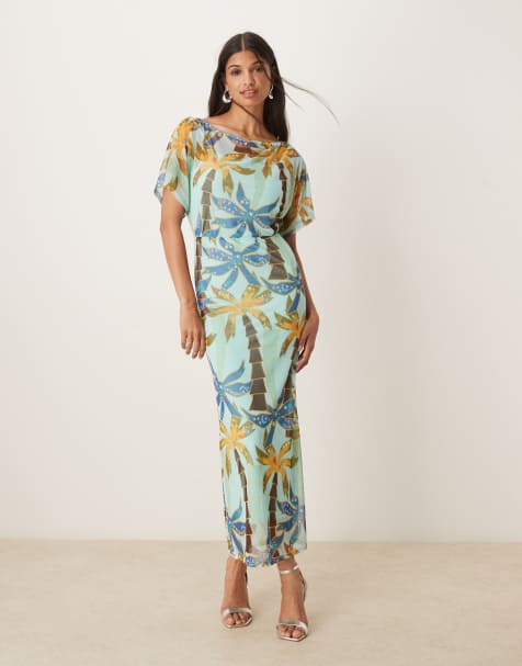 Never Fully Dressed Tilly off asymmetric mesh maxi dress in blue palm print - view 1