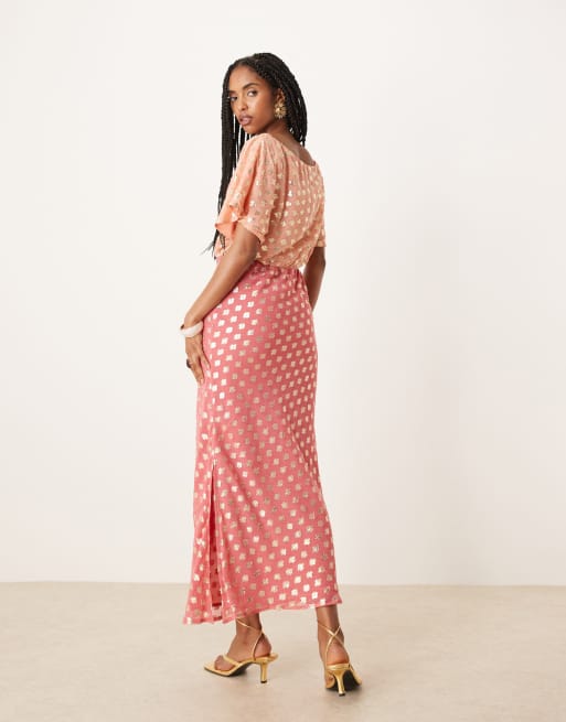 Never Fully Dressed Tilly off shoulder metallic maxi dress in contrast pink, 2 of 4