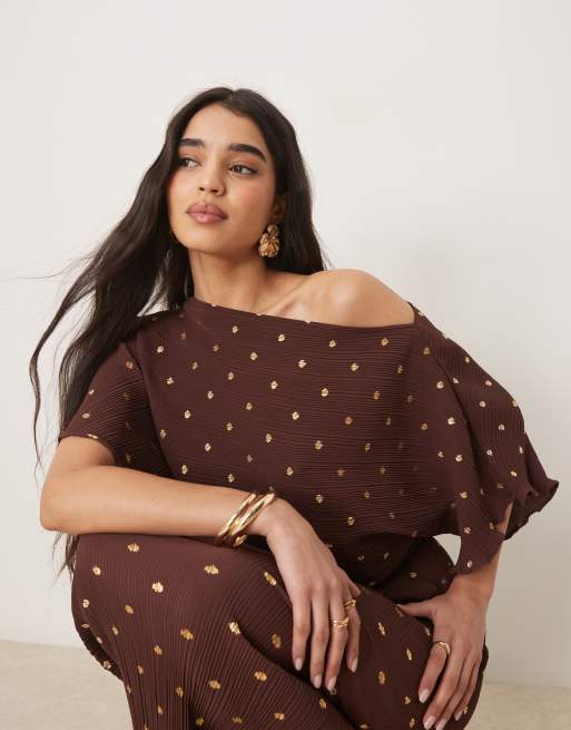 Never Fully Dressed Tilly off shoulder midaxi dress in chocolate | ASOS
