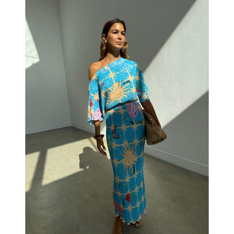 Never Fully Dressed Tilly off shoulder plisse maxi dress in blue celestial  print | ASOS