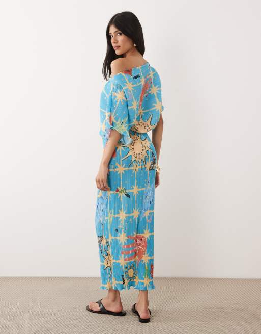 Never Fully Dressed Tilly off shoulder plisse maxi dress in blue celestial  print | ASOS