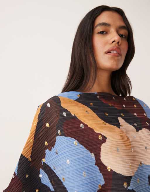 Never Fully Dressed Tilly off shoulder plisse maxi dress in metalic autunmnal print, 3 of 4