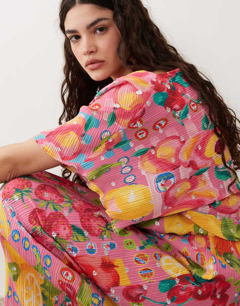 Never Fully Dressed Tilly off shoulder plisse maxi dress in pink fruit print - view 1