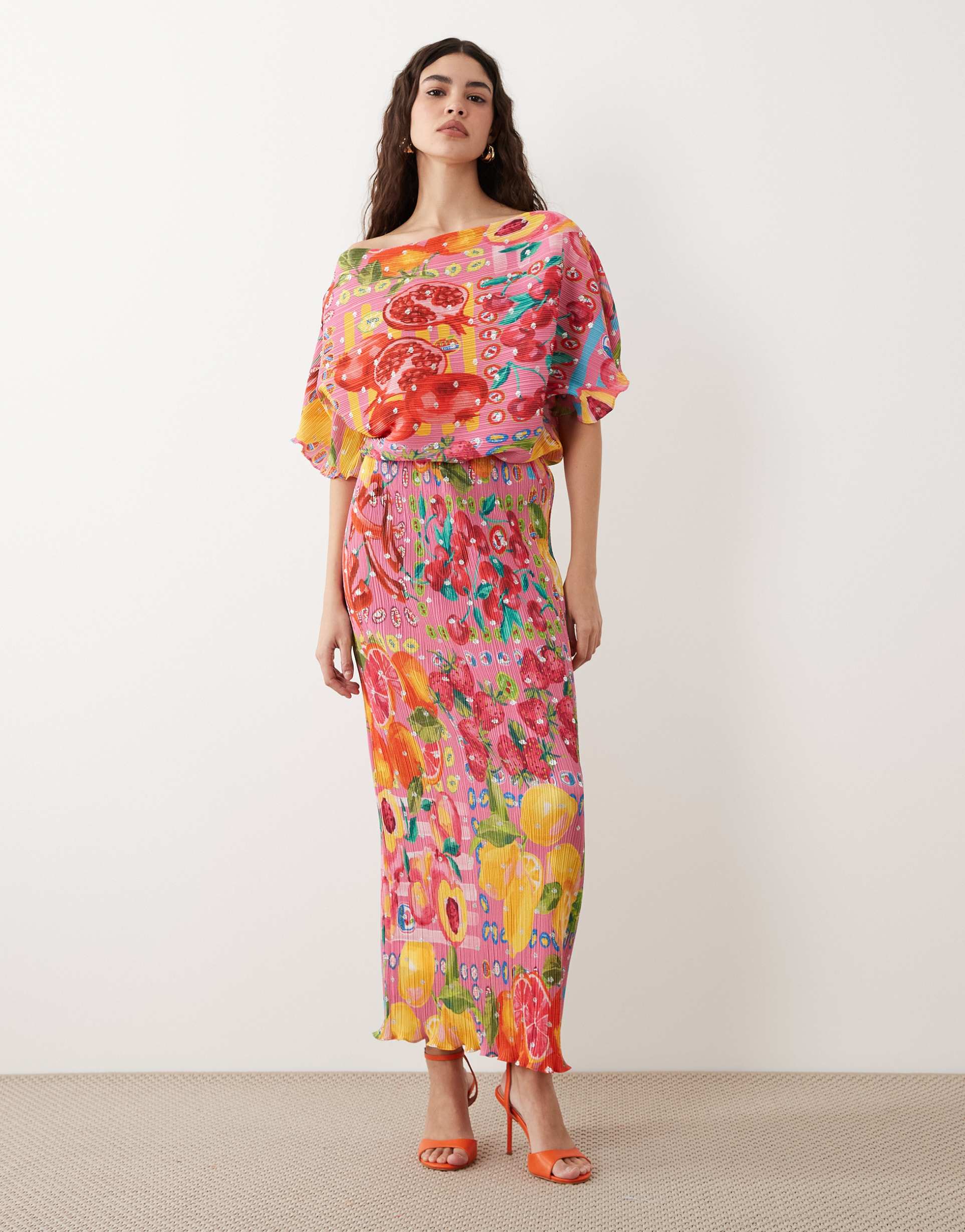 never fully dressed tilly off shoulder plisse maxi dress in pink fruit print