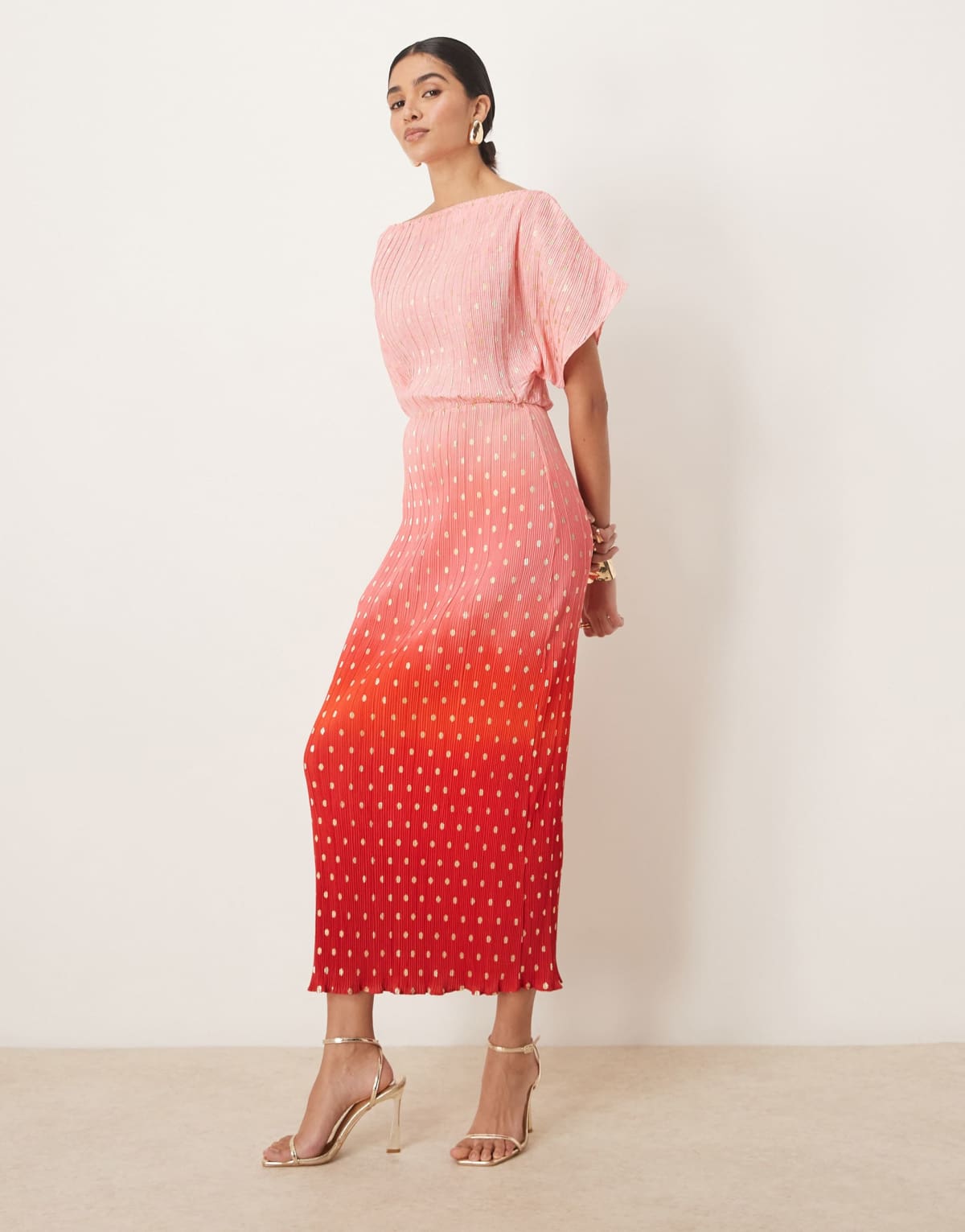 Never Fully Dressed Tilly off shoulder plisse maxi dress in sunset ombre
