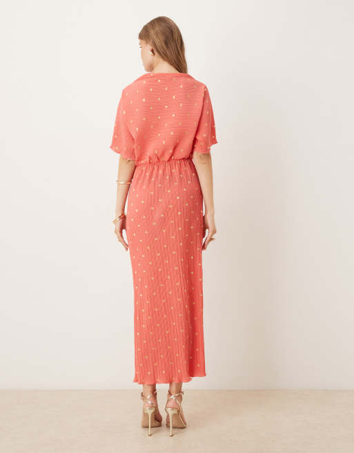 Never Fully Dressed Tilly off shoulder plisse midaxi dress in coral and gold, 4 of 4