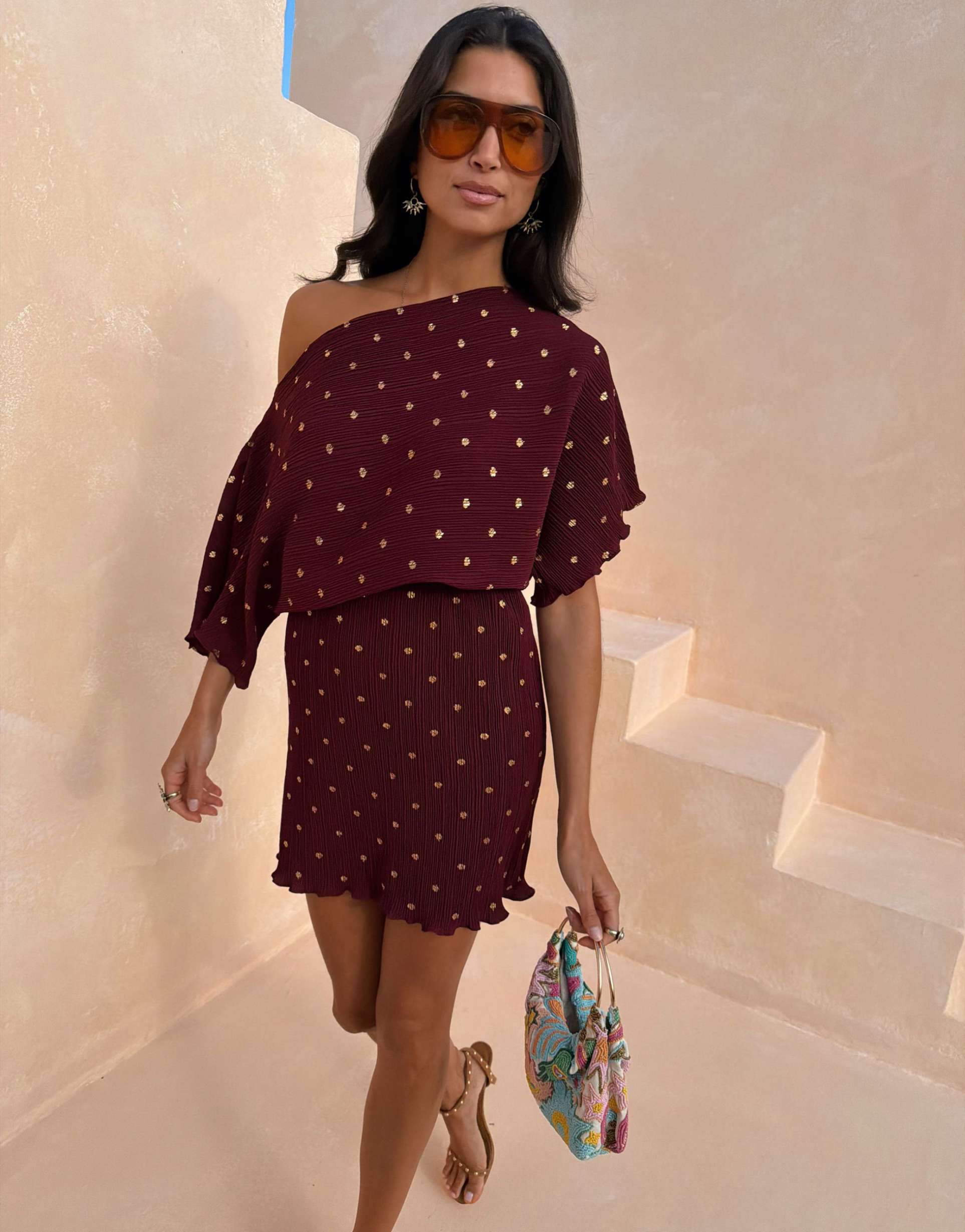 never fully dressed tilly off shoulder plisse mini dress in burgundy