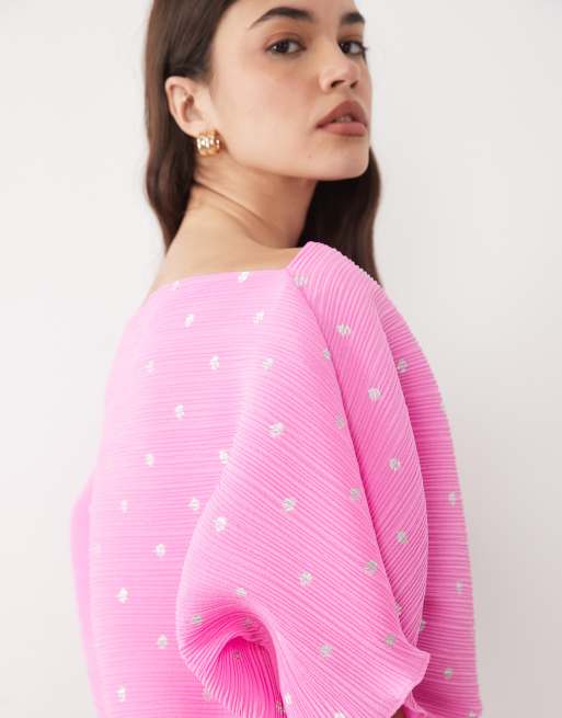 Never Fully Dressed Tilly off shoulder plisse mini dress in pink, 2 of 4