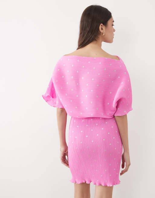 Never Fully Dressed Tilly off shoulder plisse mini dress in pink, 4 of 4