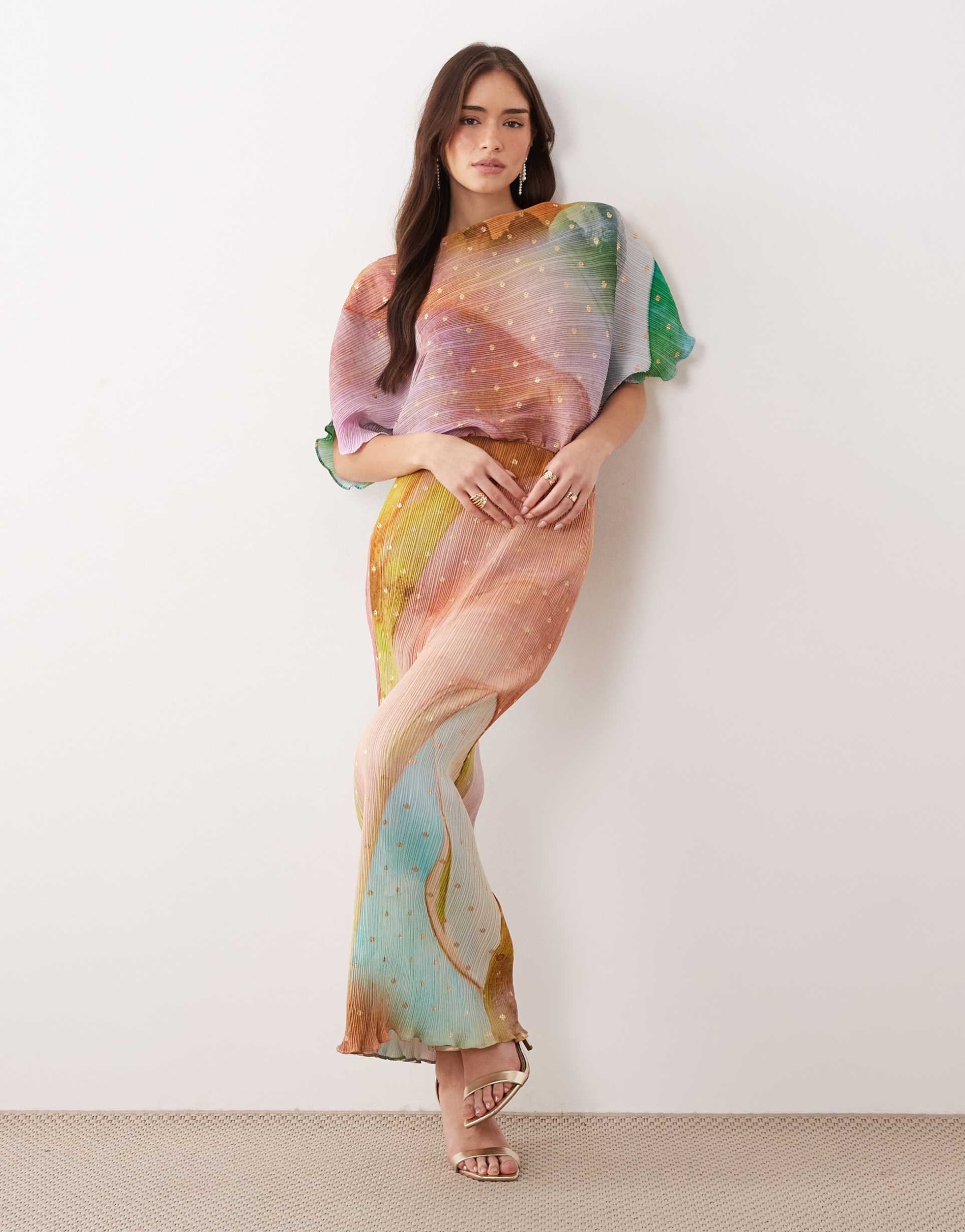never fully dressed tilly off the shoulder plissé maxi dress in abstract ombré