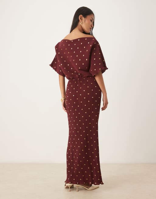 Never Fully Dressed Tilly off the shoulder pliss maxi dress in burgundy |  ASOS