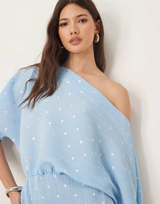 Never Fully Dressed Tilly off the shoulder plisse midaxi dress in blue