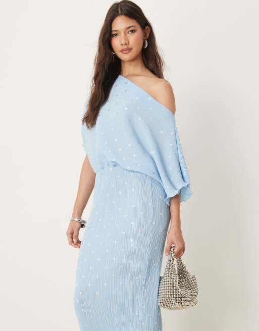 Never Fully Dressed Tilly off the shoulder plisse midaxi dress in blue