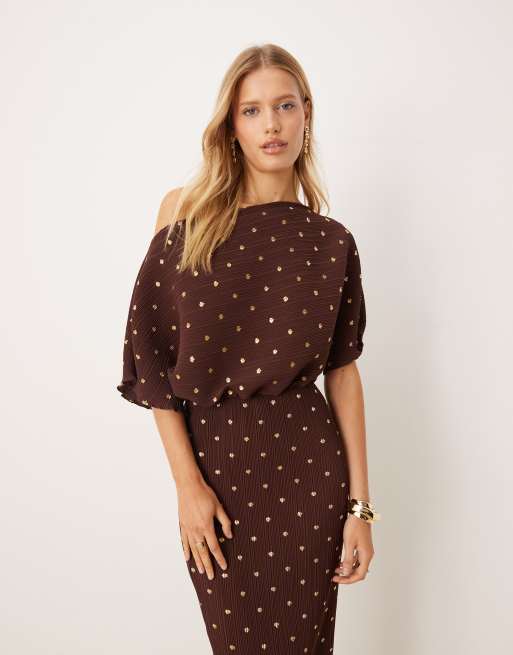 chocolate polka dot one shoulder ruffle detail pleated midi dress chocolate polka dot one shoulder ruffle detail pleated midi dress
