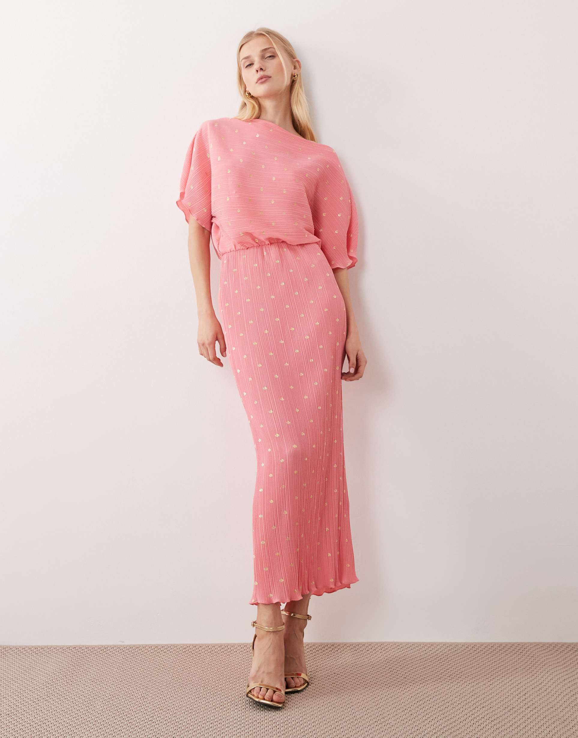 never fully dressed tilly off the shoulder plissé midaxi dress in metalic pink polka dots