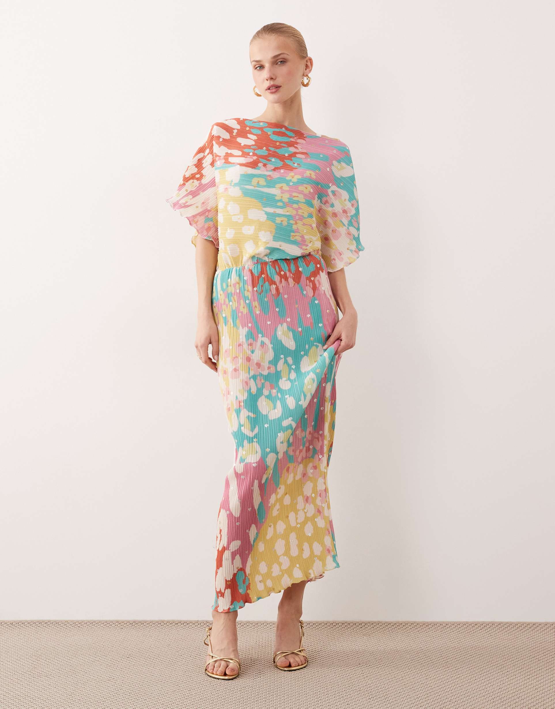 never fully dressed tilly off the shoulder plissé midaxi dress in metallic rainbow polka dots