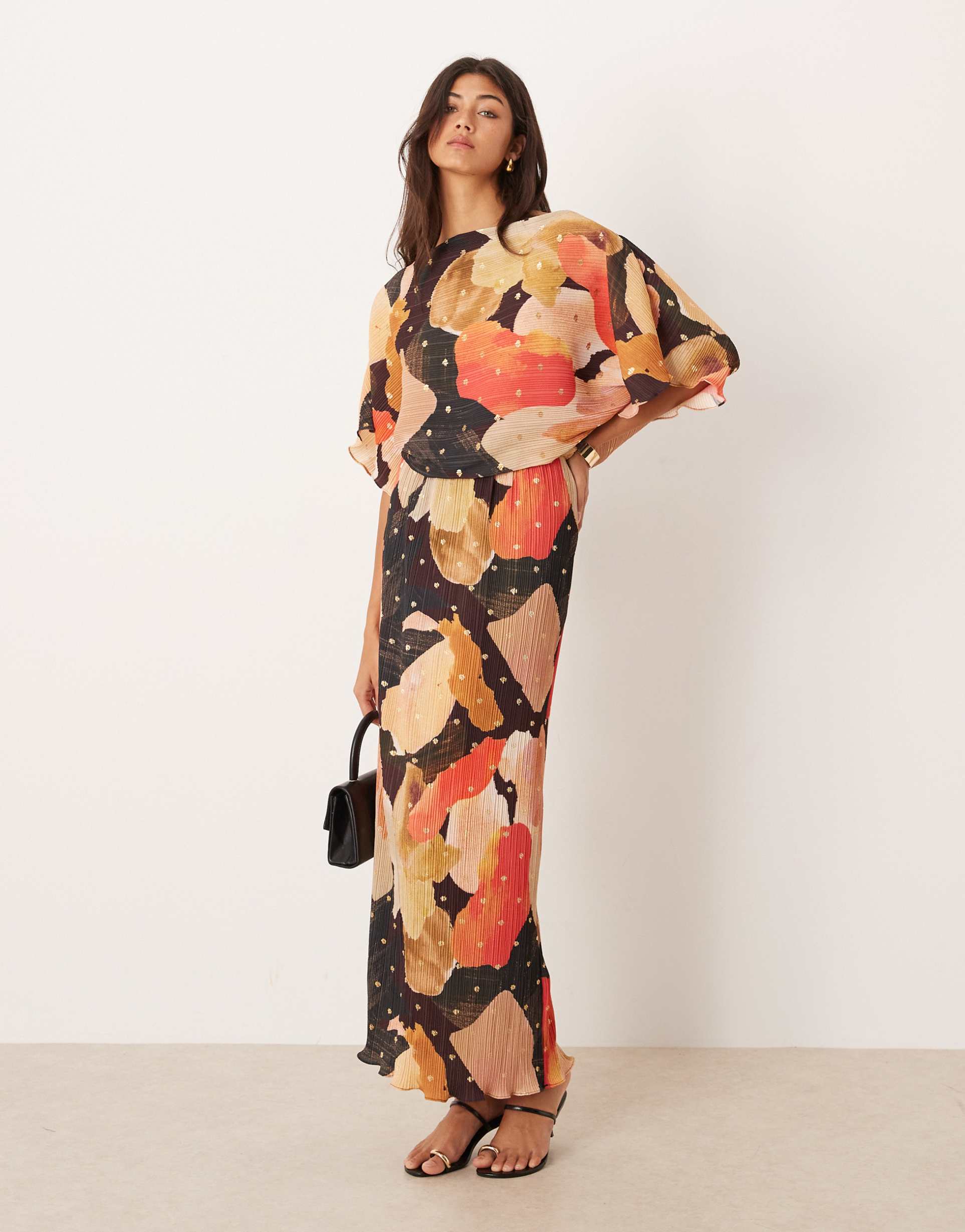 never fully dressed tilly off the shoulder plissé midaxi dress in pink brown polka dots