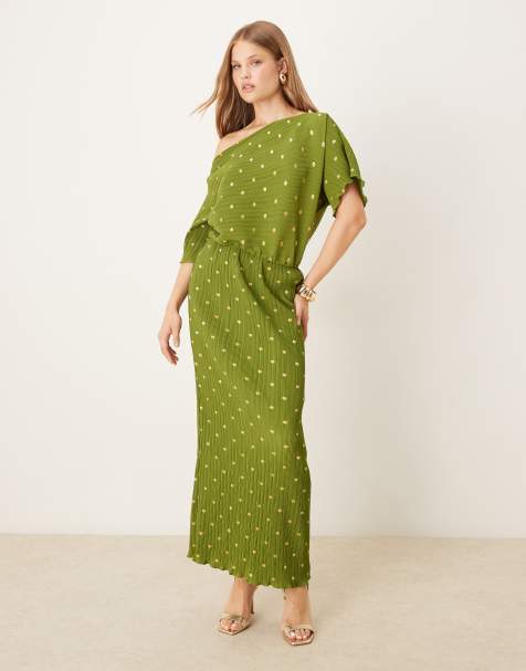 Never Fully Dressed Tilly plisse off shoulder maxi dress in khaki and gold
